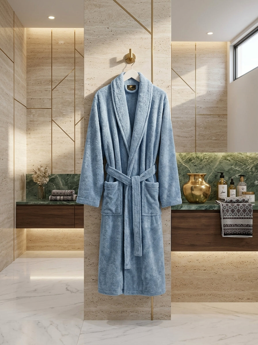 Veloury luxury blue bathrobe hanging in elegant spa bathroom