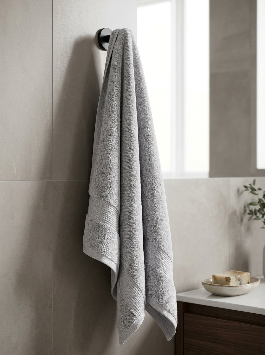 Veloury premium bath towel hanging on hook in elegant bathroom