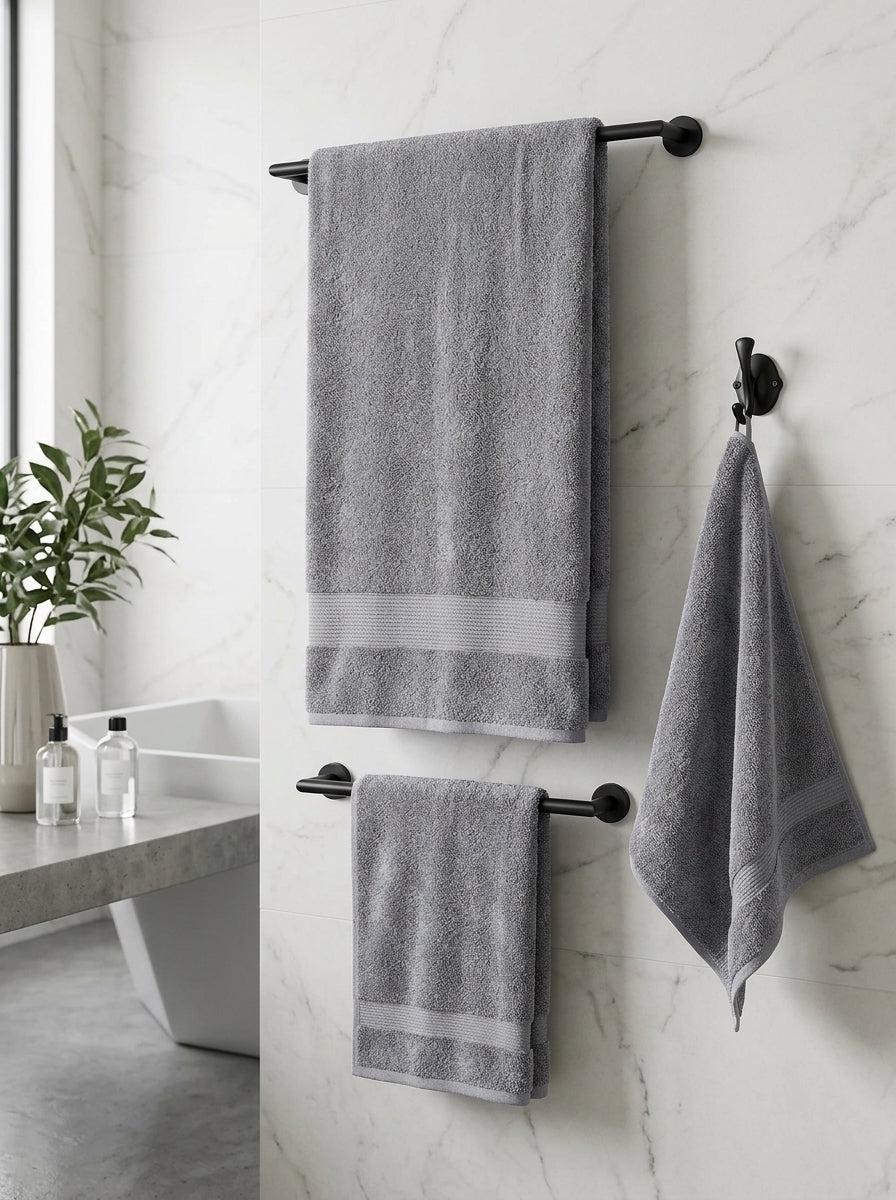 Veloury premium grey bath towels hanging on rack in modern bathroom