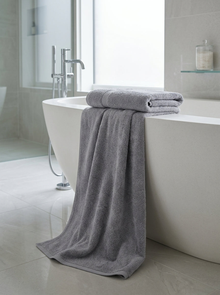 Veloury premium grey bath towels hanging on rack in modern bathroom