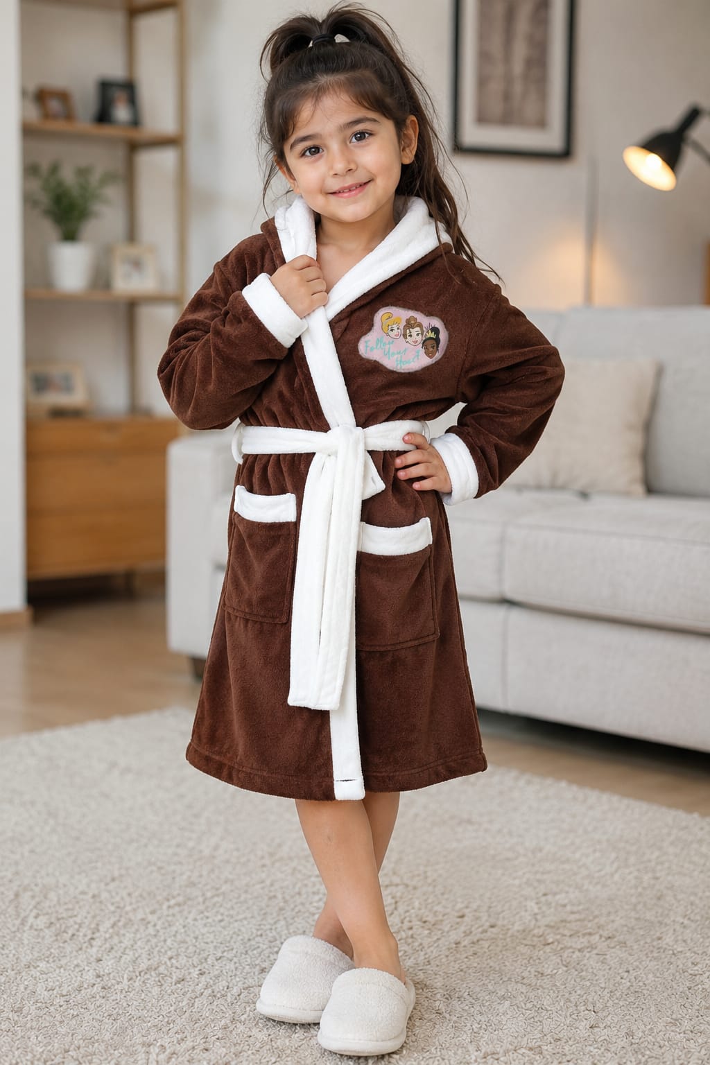 Brown kids bath robe with Stitch patch folded