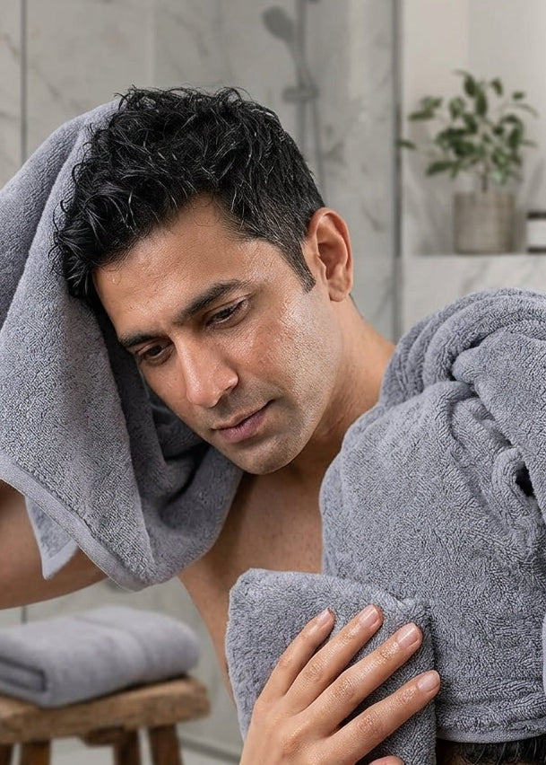 Man drying hair with Veloury premium bath towel
