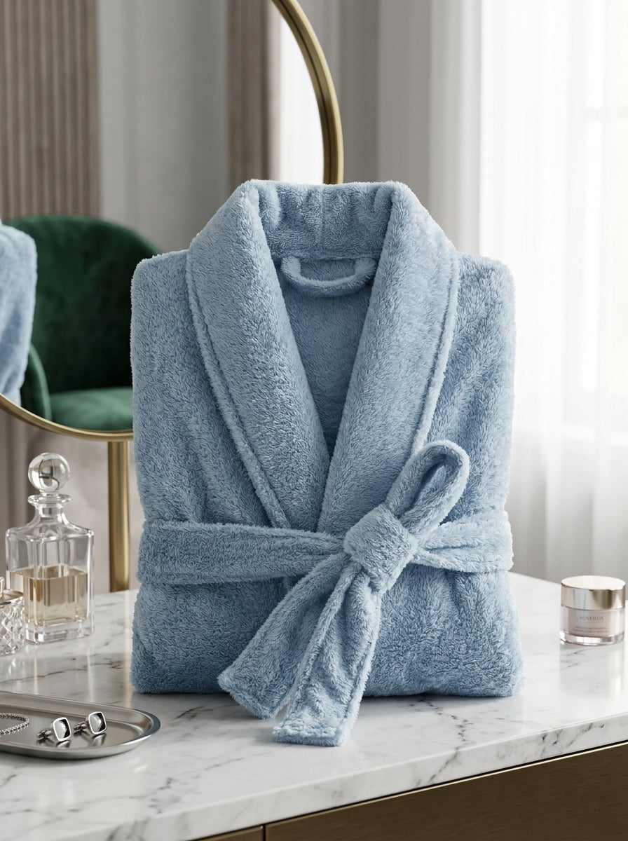 Veloury luxury blue bathrobe folded on marble dressing table